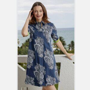 Dizzy Lizzie Chatham Blue White Paisley Flip Cuff Cotton Shirt Dress size M